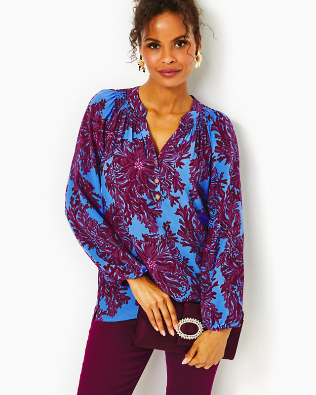 Elsa Silk Top, Abaco Blue Feel Like A Shellebrity, large - Lilly Pulitzer