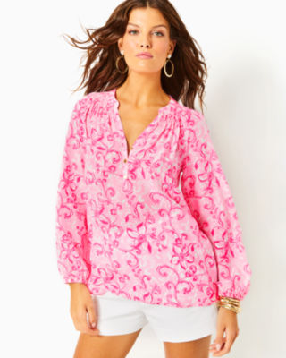 Elsa Silk Top, Conch Shell Pink Flamingle Garden, large - Lilly Pulitzer