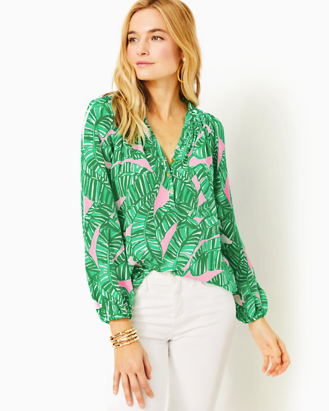 Elsa Silk Top, Conch Shell Pink Lets Go Bananas, large - Lilly Pulitzer