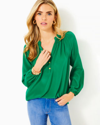 Elsa Silk Top, Fiddle Leaf Green, large - Lilly Pulitzer