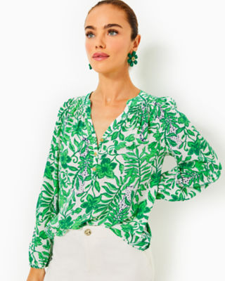 Elsa Silk Top, Fiddle Leaf Green Lil Escape Plan, large - Lilly Pulitzer