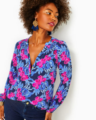 Chic Women's Navy Blouses, Colorful Tops