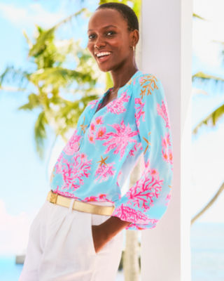 Elsa Silk Top, Multi Royal Coral, large