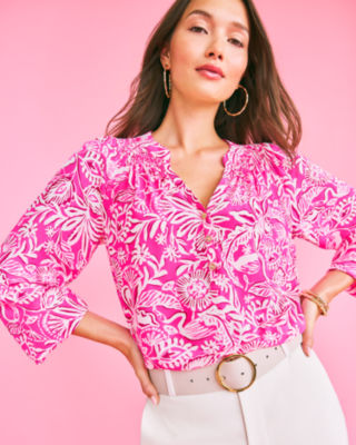 Elsa Silk Top, Passion Fruit Pink Absolutely Flamazing, large - Lilly Pulitzer