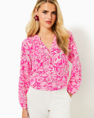 Elsa Silk Top, Passion Fruit Pink Absolutely Flamazing, large image 3 - Lilly Pulitzer
