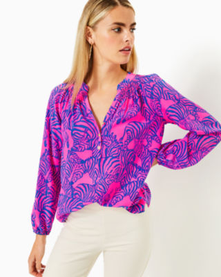 Elsa Silk Top, Passion Fruit Pink Wild Nights, large - Lilly Pulitzer