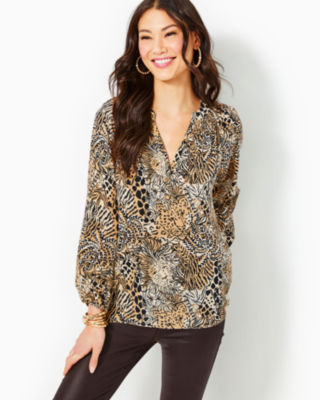 Lilly Pulitzer Elsa Silk Top In Rattan Walk On The Wild Side