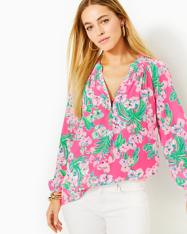 Elsa Silk Top, Roxie Pink Worth A Look, large - Lilly Pulitzer