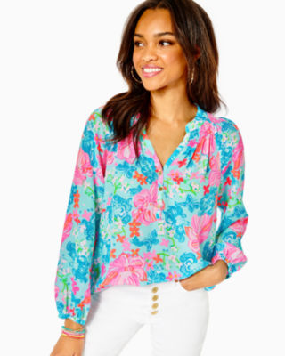 Lilly Pulitzer Elsa Silk Top In Surf Blue Luscious Lions