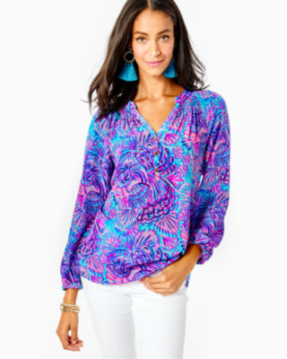 Lilly Pulitzer Elsa Silk Top In Turquoise Oasis Shelleidoscope