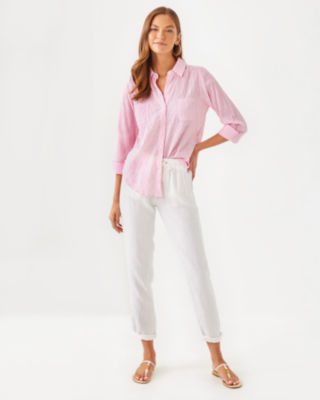 Sea View Button Down Top, Conch Shell Pink Ltwt Oxford Stripe, large image 2