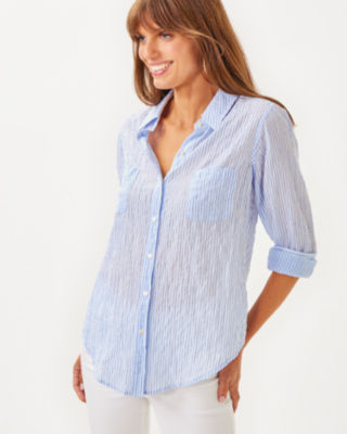 Sea View Button Down Top, Jacaranda Blue Ltwt Oxford Stripe, large image 2