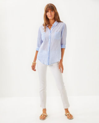 Sea View Button Down Top, Jacaranda Blue Ltwt Oxford Stripe, large image 3