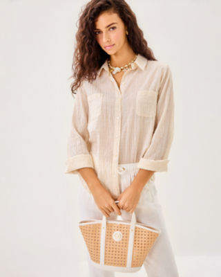 Sea View Button Down Top, Wicker Tan Ltwt Oxford Stripe, large