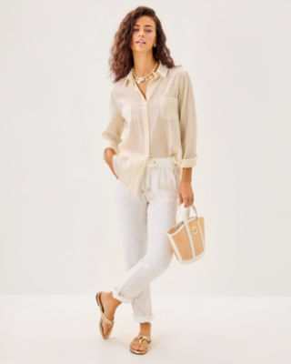 Sea View Button Down Top, Wicker Tan Ltwt Oxford Stripe, large image 3