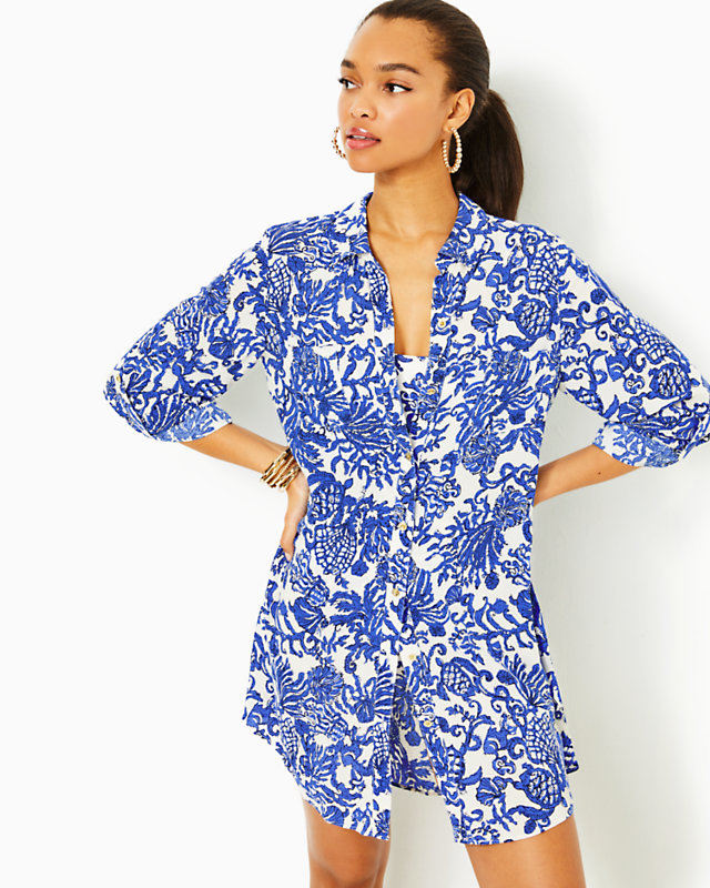 Natalie Shirtdress Cover-Up, Deeper Coconut Ride With Me, large - Lilly Pulitzer