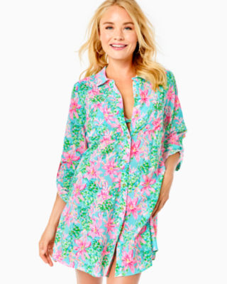 Lilly Pulitzer Natalie Shirtdress Cover-up In Surf Blue So Shellegant