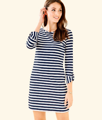 navy and white striped t shirt dress