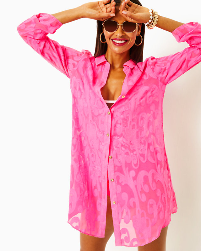 Natalie Shirtdress Cover-Up, Roxie Pink Poly Crepe Swirl Clip, large - Lilly Pulitzer