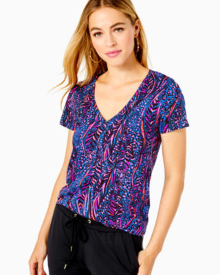 Lilly Pulitzer Etta V-neck Top In Blue Flare Always Pawsitive
