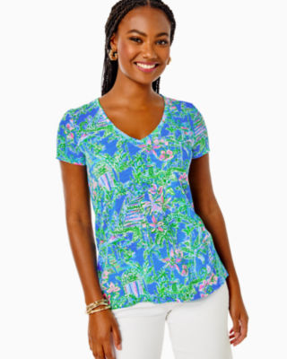 Lilly Pulitzer Etta V-neck Top In Boca Blue Beneath The Bougainvillea