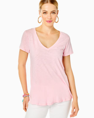 Entyinea Womens Savings Tops & T-Shirts Drop Shoulder Round Neck Tops  Casual Solid Color Basic Tees Pink S 