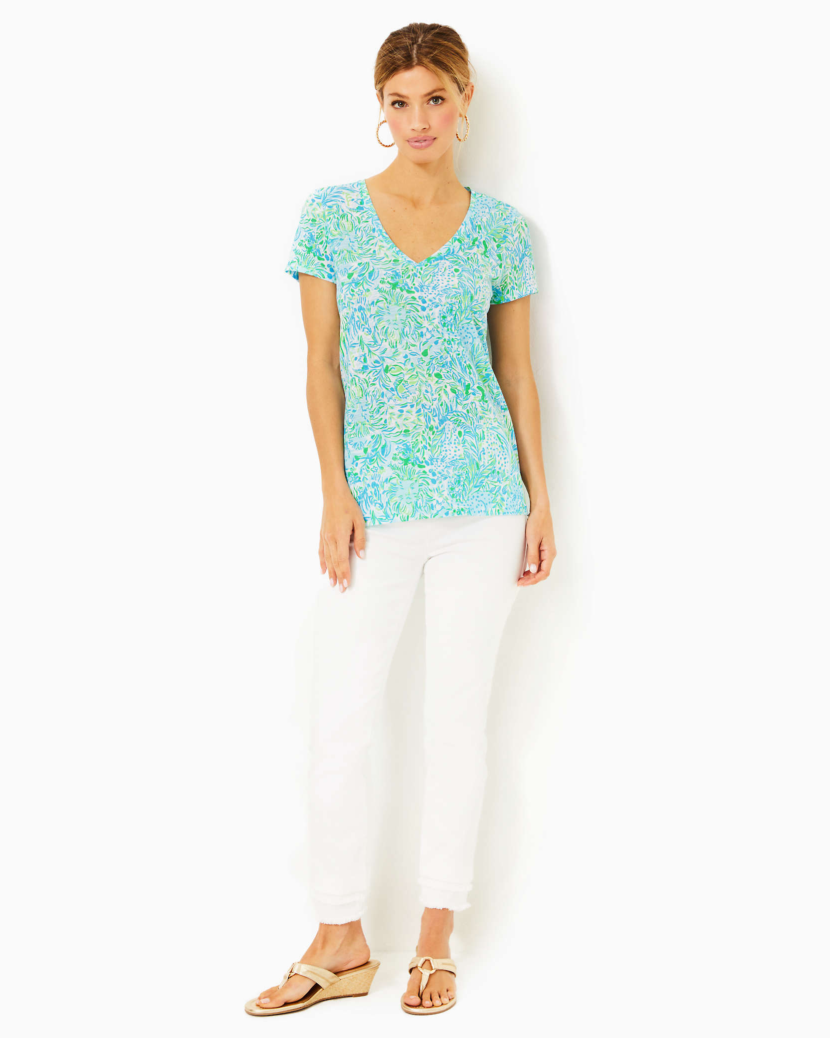 Shop Lilly Pulitzer Etta V-neck Cotton Top In Hydra Blue Dandy Lions
