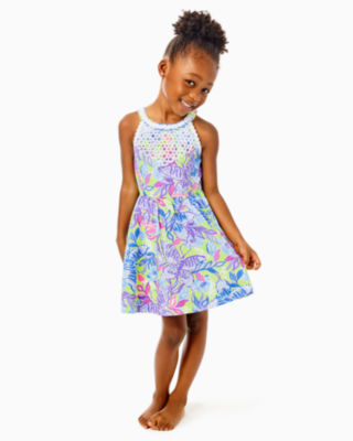 Lilly Pulitzer Girls Little Kinley Dress In Dew Drop Stay Fly