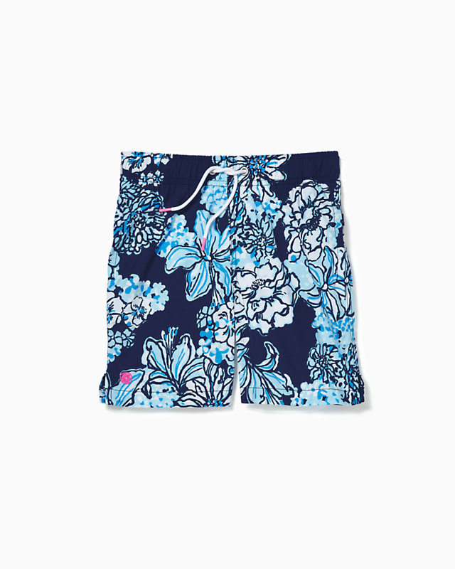 Boys Junior Capri Swim Trunks, Low Tide Navy Bouquet All Day, large - Lilly Pulitzer