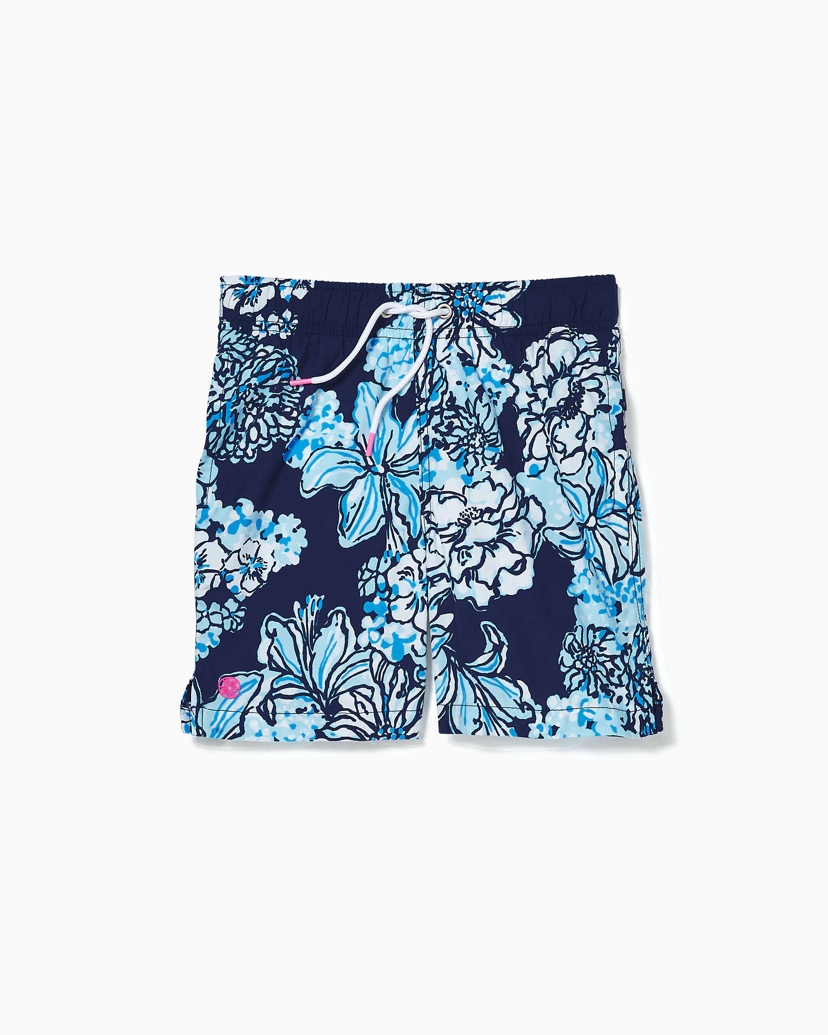 Shop Lilly Pulitzer Boys Junior Capri Swim Trunks In Low Tide Navy Bouquet All Day