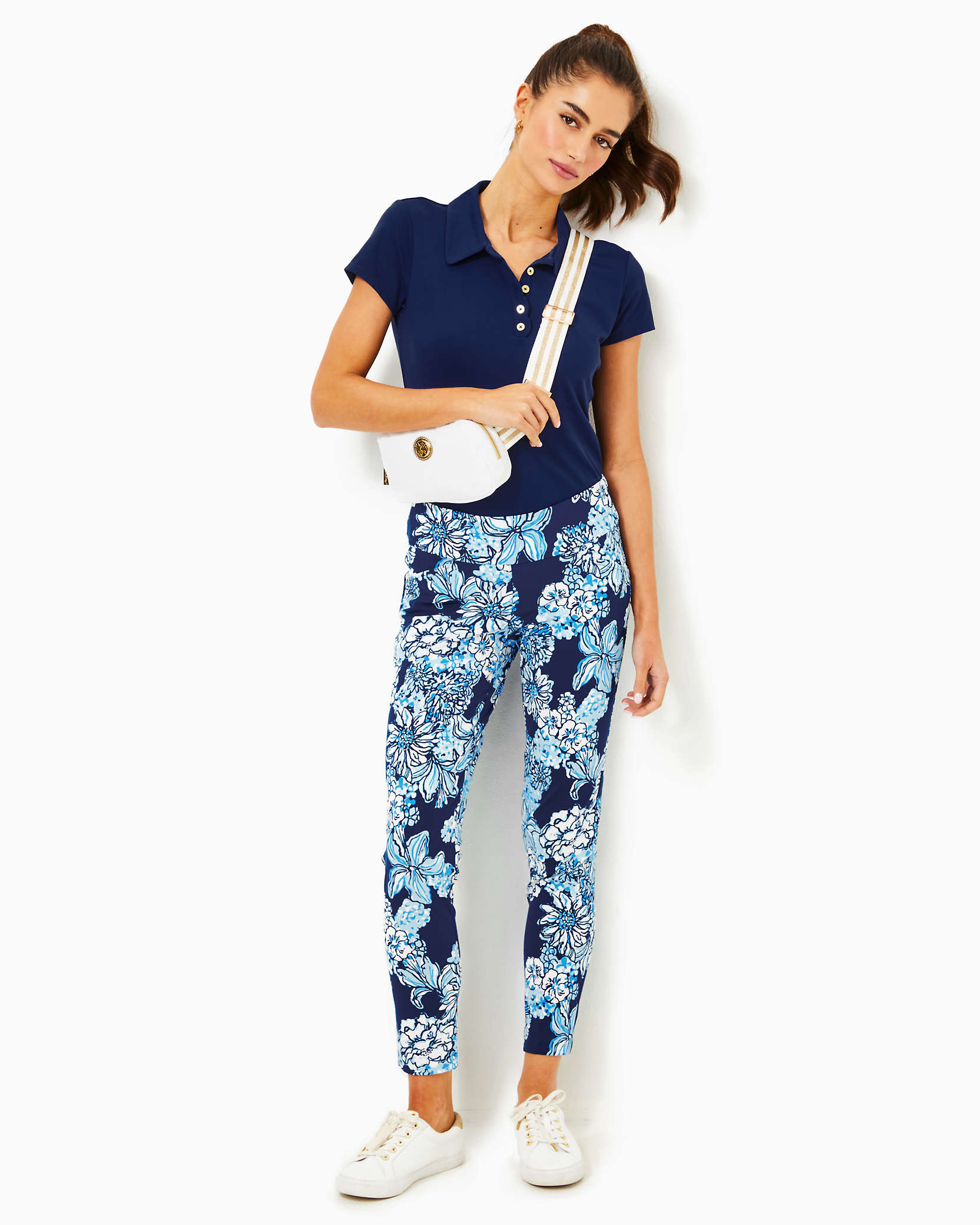 Shop Lilly Pulitzer Upf 50+ Luxletic 28" Corso Pant In Low Tide Navy Bouquet All Day Golf