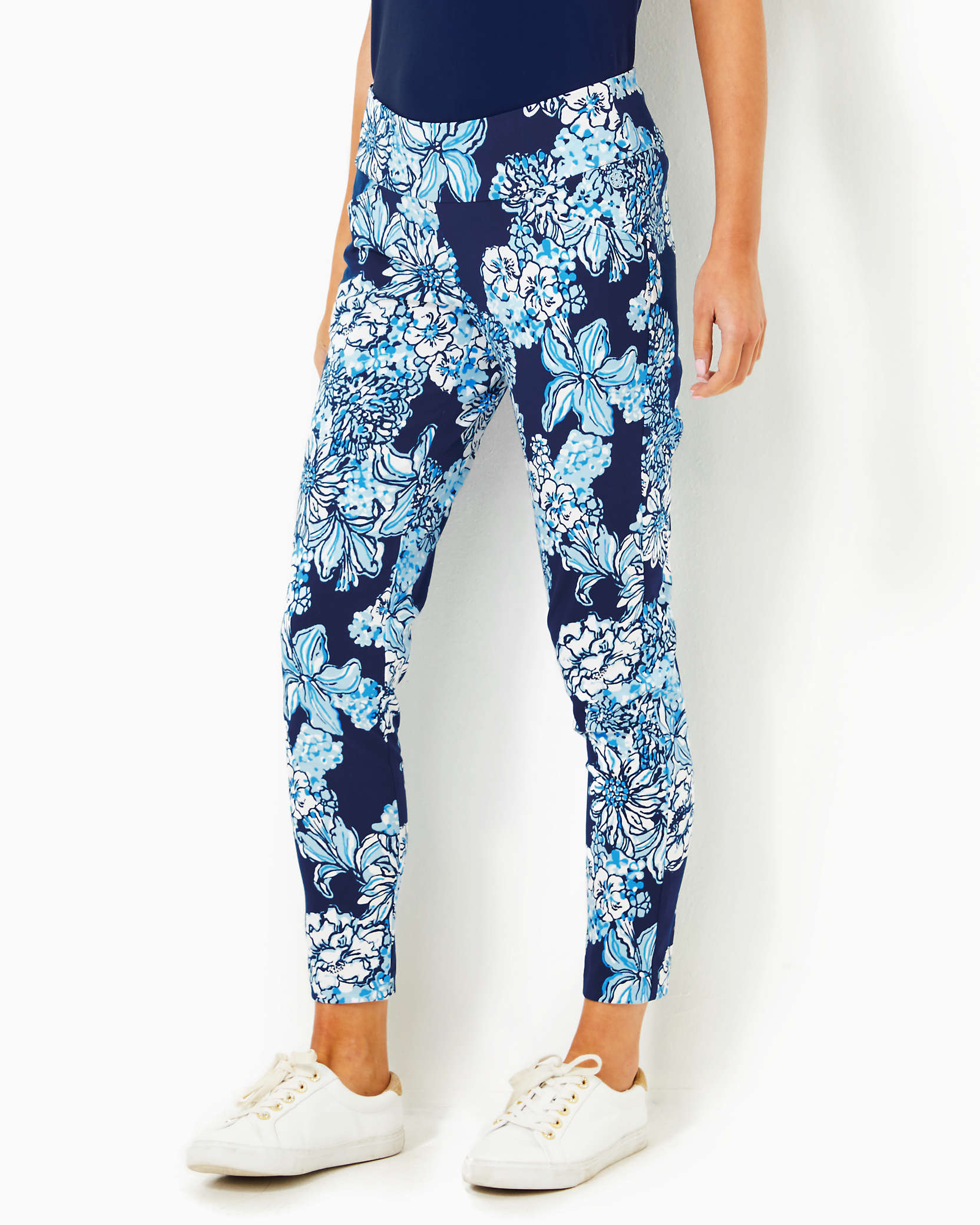 Shop Lilly Pulitzer Upf 50+ Luxletic 28" Corso Pant In Low Tide Navy Bouquet All Day Golf