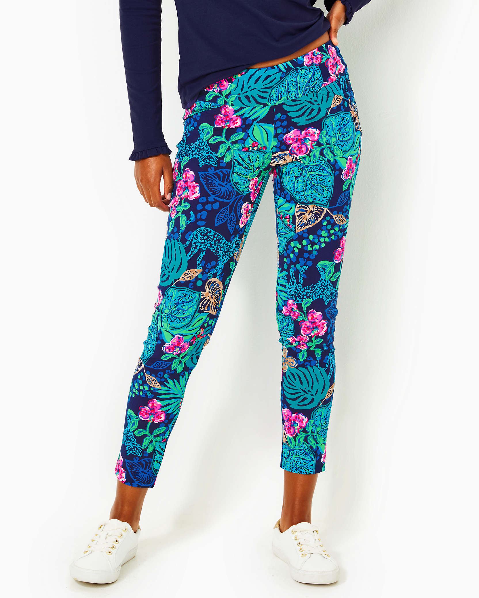 Shop Lilly Pulitzer Upf 50+ Luxletic 28" Corso Pant In Low Tide Navy Life Of The Party Golf