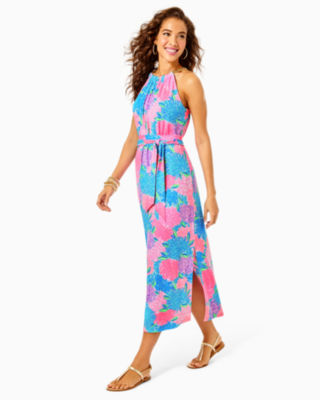 Lilly Pulitzer Beach Wedding Guest Midi Dress in Pink, Purple, and Blue