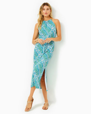Pre Order: Stylish Halter Neck Printed High Low Dress With Hair