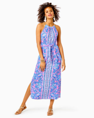 Lilly Pulitzer Bingham Halter Midi Dress In Soleil Pink Palm Paradise  Engineered Dress | ModeSens