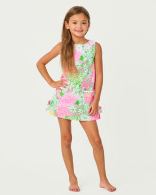 Little Lilly Classic Shift Dress, Resort White Mum Patch, large