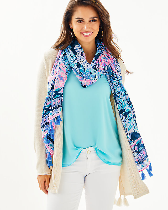 Resort Scarf, High Tide Navy Party In Paradise Engineered Scarf, large - Lilly Pulitzer