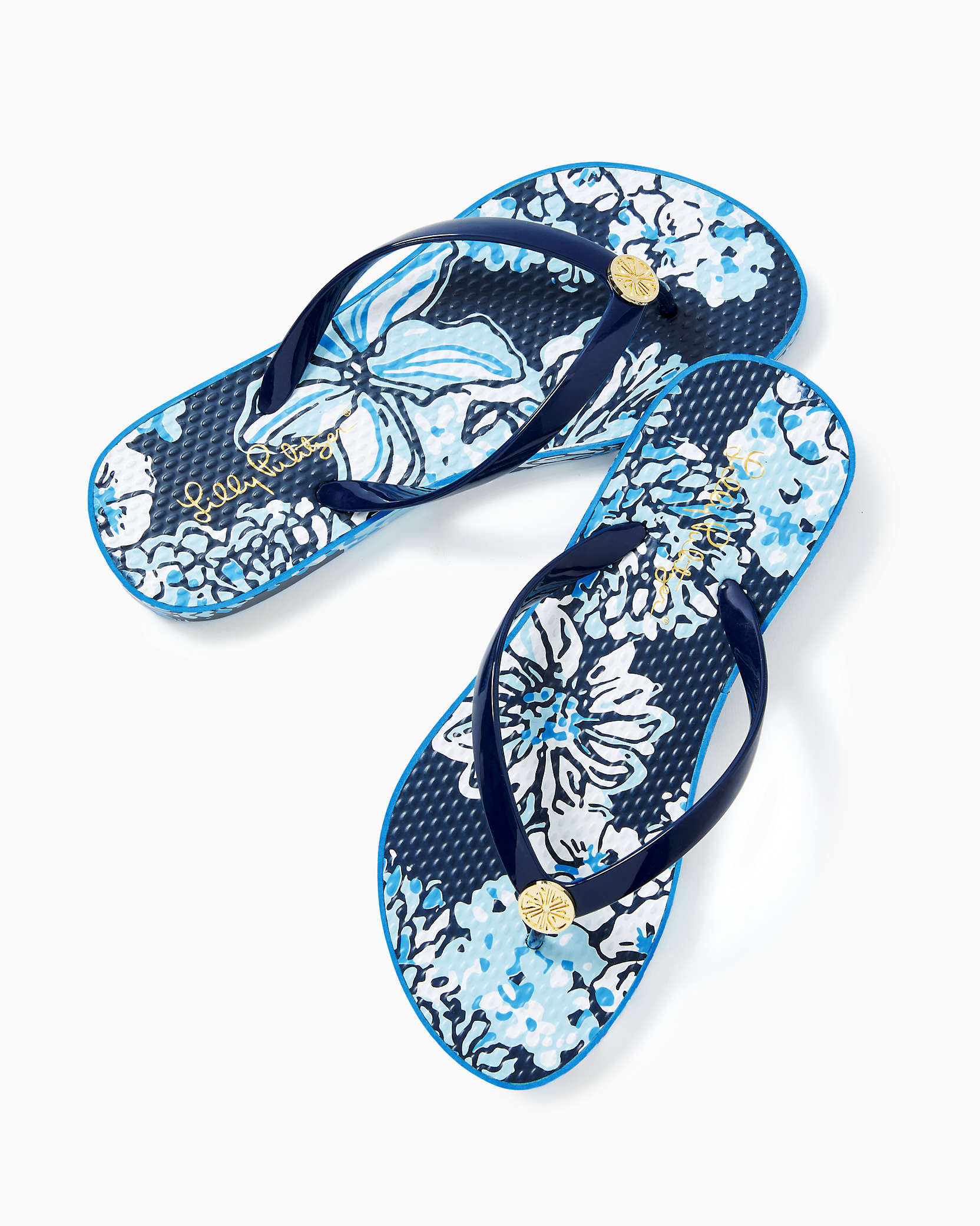 Shop Lilly Pulitzer Pool Flip Flop In Low Tide Navy Bouquet All Day Shoe