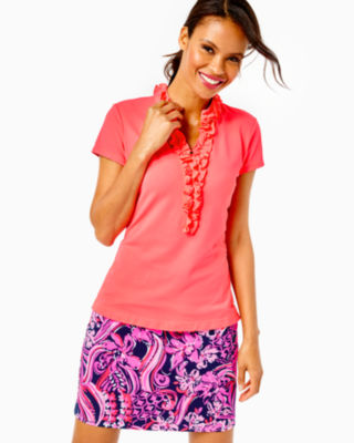 Lilly Pulitzer Upf 50+ Luxletic Frida Ruffle Polo Top In Spicy Coral