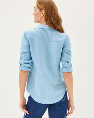 Sea View Linen Button Down Top, Blue Peri X Resort White, large image 1