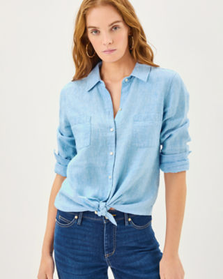 Sea View Linen Button Down Top, Blue Peri X Resort White, large image 2