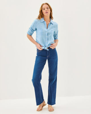 Sea View Linen Button Down Top, Blue Peri X Resort White, large image 3