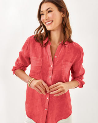Sea View Linen Button Down Top, Cane Coral X Sorbet Pink, large