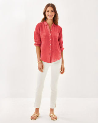Sea View Linen Button Down Top, Cane Coral X Sorbet Pink, large image 2
