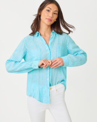 Sea View Linen Button Down Shirt, Capri Blue Saint Tropez Stripe, large