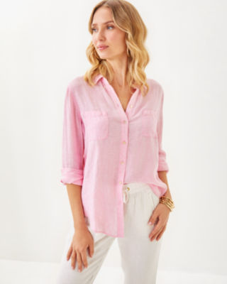 Sea View Linen Button Down Top, Conch Shell Pink X Resort White, large