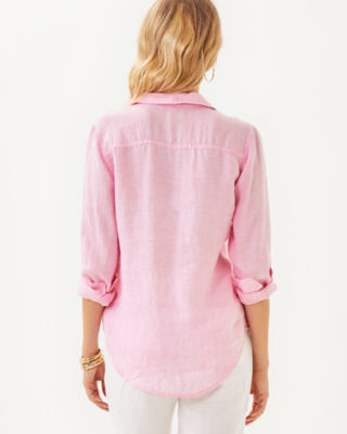 Sea View Linen Button Down Top, Conch Shell Pink X Resort White, large image 1