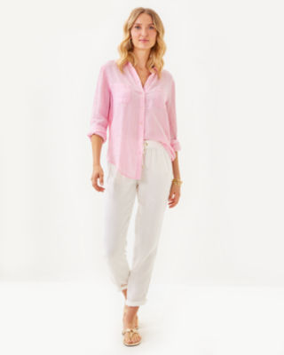 Sea View Linen Button Down Top, Conch Shell Pink X Resort White, large image 2