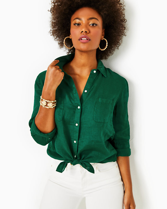 Sea View Linen Button Down Top, Evergreen X Evergreen, large - Lilly Pulitzer